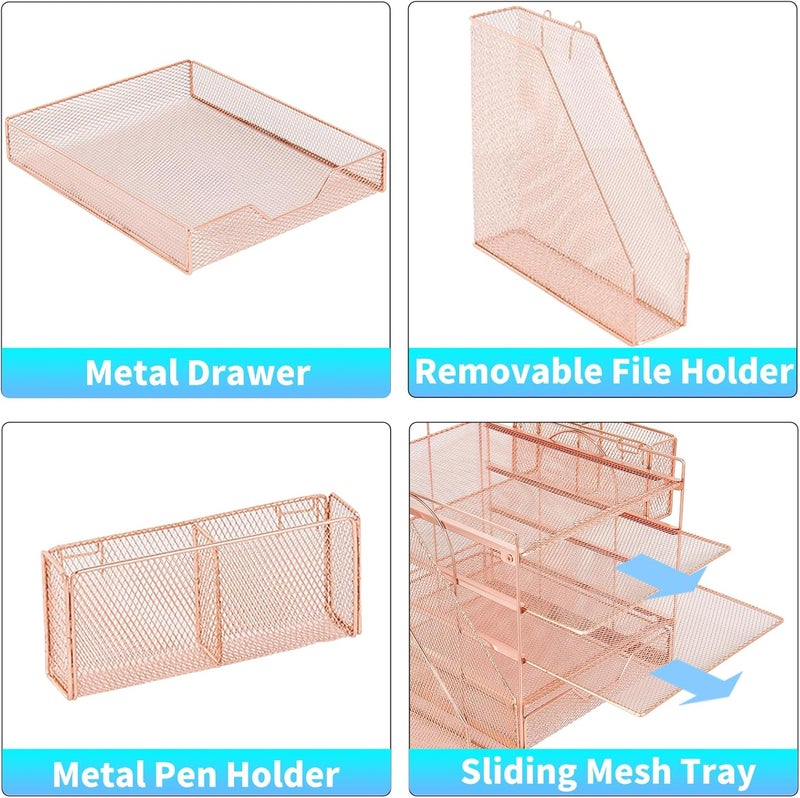 Gugsey Desk Organizer, 5-Tier Paper Letter Tray Organizer with File Holder, Drawer and Pen Holder, Desktop Organizer for Office Supplies, Rose Gold - Image 3